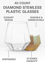 40 count Diamond Unbreakable Stemless Plastic Wine Champagne Whiskey Glasses Elegant Durable Disposable Indoor Outdoor Ideal for Home, Office, Bars, Wedding, 12 Ounce Cups (Clear)