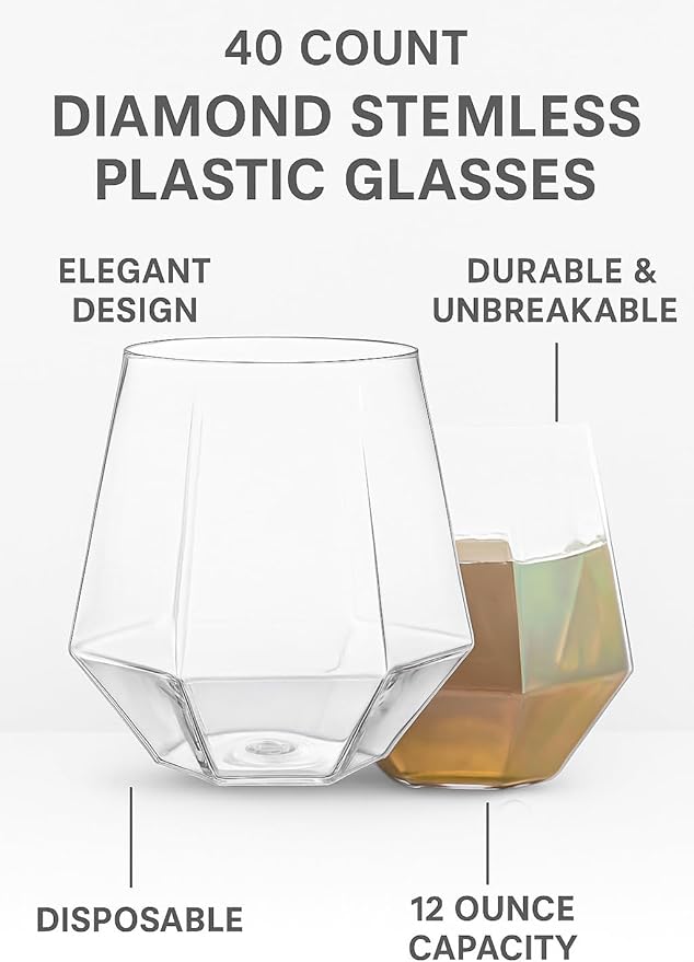 40 count Diamond Unbreakable Stemless Plastic Wine Champagne Whiskey Glasses Elegant Durable Disposable Indoor Outdoor Ideal for Home, Office, Bars, Wedding, 12 Ounce Cups (Clear)