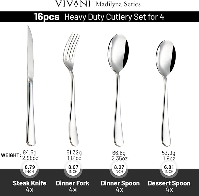 16 Piece Heavy Duty Silverware Set with Steak Knives for 4, Stainless Steel Cutlery Set, Modern Flatware Set, Utensils Set for Home, Dorms, Resturant, Cafes, Mirror Polished and Dishwasher Safe