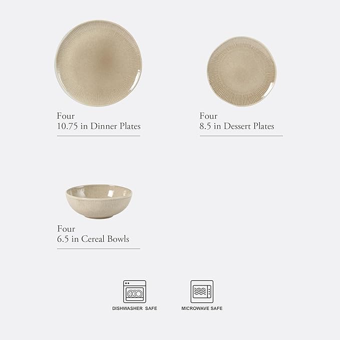 Gibson Elite Sandy Pines Stoneware Plates and Bowls Set - 12 Piece Reactive Glaze Dinnerware Set - Service for 4 - Dishwasher and Microwave Safe - Cream Taupe