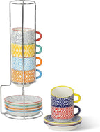 Selamica Ceramic Espresso Cups with Saucers, 2.5 OZ Stackable Demitasse Cups with Metal Stand, Mini Espresso Mugs for Latte Coffee Café Mocha Tea, Set of 6, Assorted Colors