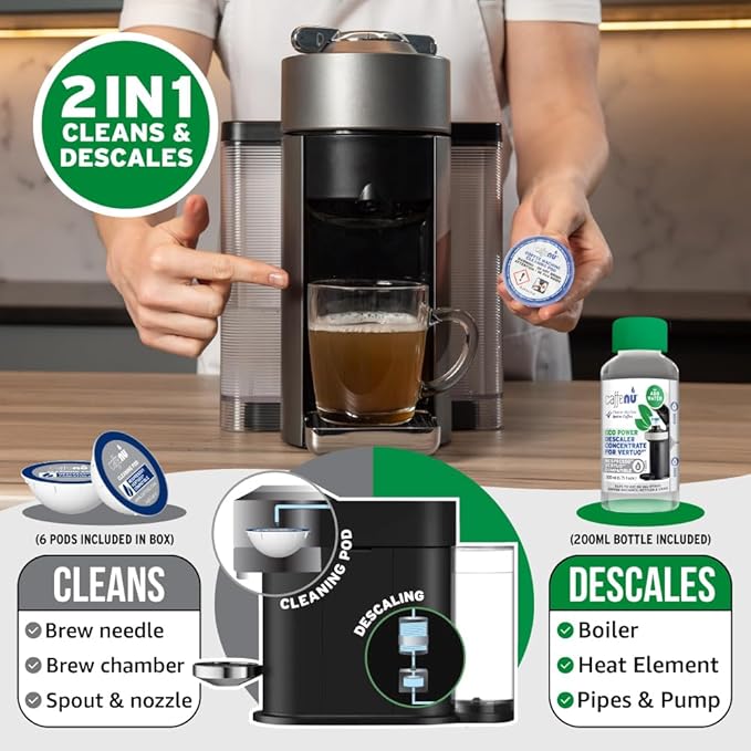 Caffenu Descaling Kit Compatible with Nespresso Vertuo, 2 Uses Descaling Solution and 6 Cleaner Pods. Removes Limescale & Cleans Pod Area. Better Tasting & Hotter Coffee. 4 Months Supply.
