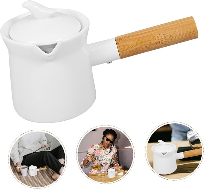 Ceramic Milk Pot with Wooden Handle 350Ml Mini Butter Warmer for Sauces Cream and Milk Ideal for Home Use