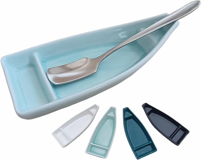 Coffee Stirring Spoon and Rest for Coffee Bar Accessories, Small Spoon Rest for Coffee Station, Coffee Spoon Holder for Coffee Bar Tea Spoon Teaspoon Rest, 1 PC (Oar Spoon with Turquoise Boat Rest)