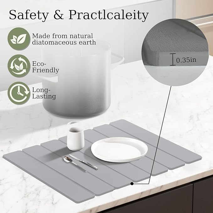 Hopegiver Gray Stone Drying Mat for Kitchen Counter, 15.75"x11.81" Foldable Quick Dry Stone Mat Kitchen, Absorbent Diatomaceous Earth Dish Drying Mats for Dishes Utensils, Includes Sanding Block