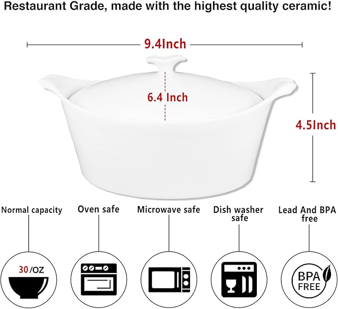 7" x 6" Ceramic Oval Casserole Dish with Lids, 30 Oz White French Serving Soup Tureens, Baking Dish with Handle 9.4 IN, for Casseroles, Cookware Set, Microwave, Oven Safe