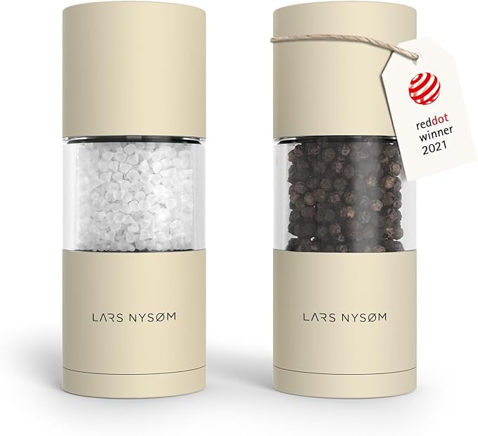 LARS NYSØM Salt and Pepper Grinder Set I Salt and Pepper Mills with Adjustable Ceramic Grinder 2 pieces I Manual Design Spice Mill Set (Almond Beige)