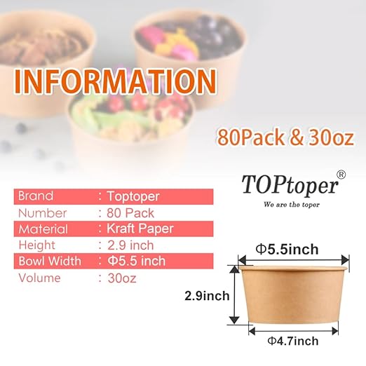 80 Pcs 30 Oz Large Paper Bowls【WITHOUT LIDS】 Disposable Soup Bowls Bulk Plastic Free Party Supplies for Hot/Cold Food, Soup (30 OZ)