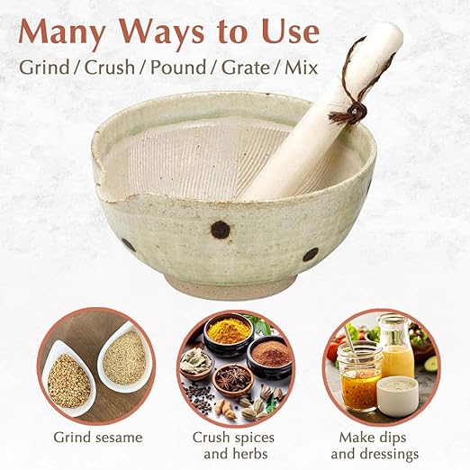 TIKUSAN Japanese Ceramic Ripple Ridge Mortar & Pestle Suribachi Bowl and Surikogi Set with Spout 7.1 inches Made in Japan (White)