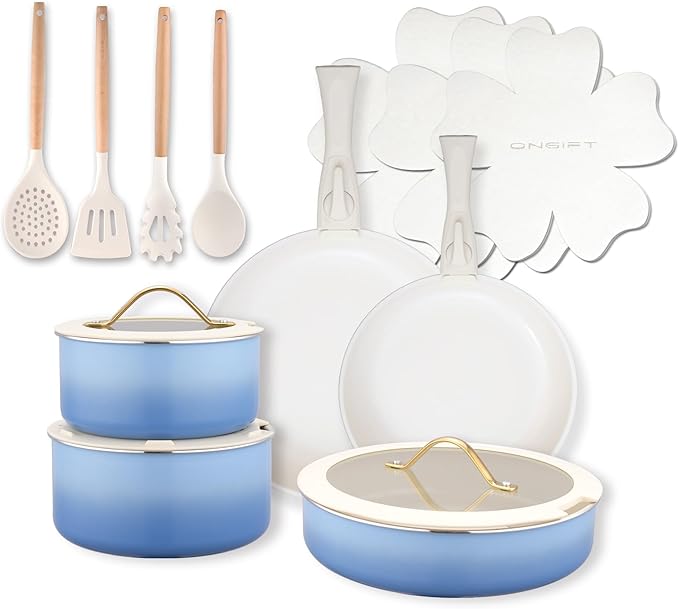 20pcs Ceramic Cookware Set Nonstick, Detachable Handle Pots and Pans Set, Non Toxic,No PFAS & PTFE & PFOA, Dishwasher/Oven Safe, RV Kitchen Set Removable Handle for Cooking, Blue