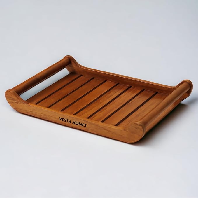 Large Teak Wood Serving Tray for Home, Kitchen, Breakfast, Restaurant, Office Organizer, Dining Table | Premium wooden Trays |15*10*2.25 Inches | Handmade in India