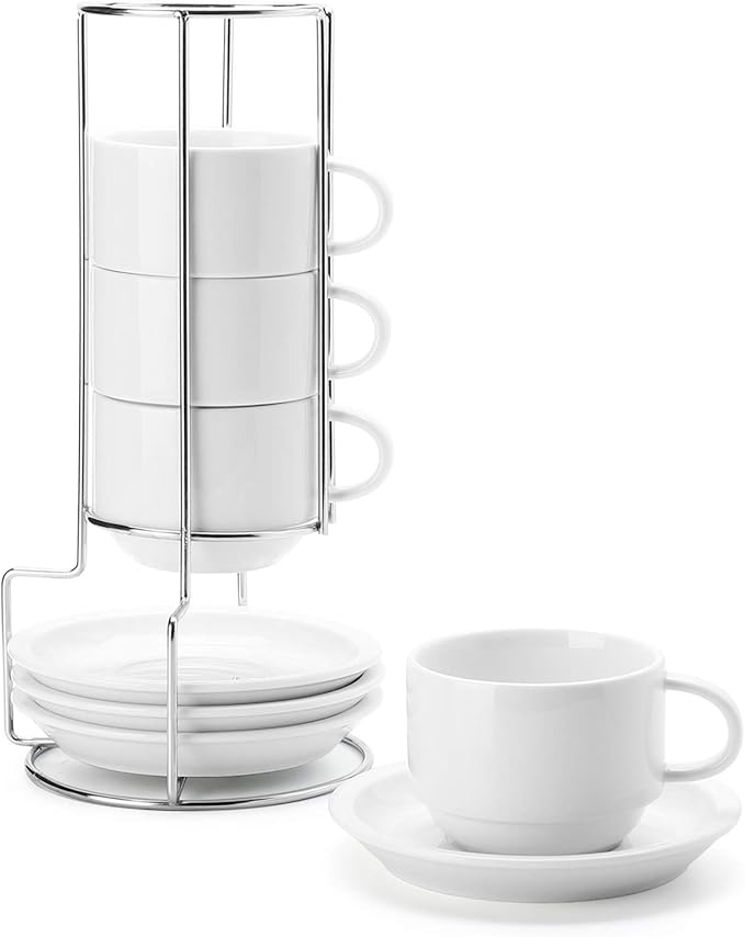 Sweese 8 Ounce Porcelain Stackable Cappuccino Cups with Saucers and Metal Stand - for Specialty Coffee Drinks, Cappuccino, Latte, Americano and Tea - Set of 4, White
