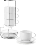 Sweese 8 Ounce Porcelain Stackable Cappuccino Cups with Saucers and Metal Stand - for Specialty Coffee Drinks, Cappuccino, Latte, Americano and Tea - Set of 4, White