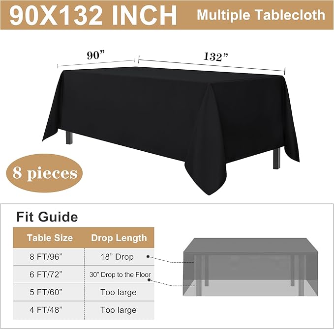 sancua 8 Pack Black Tablecloth 90 x 132 Inch - Rectangle Table Cloth for 6 Feet Tables Stain and Wrinkle Resistant Washable Polyester Table Cover for Dining Wedding Banquet Party Buffet Restaurant