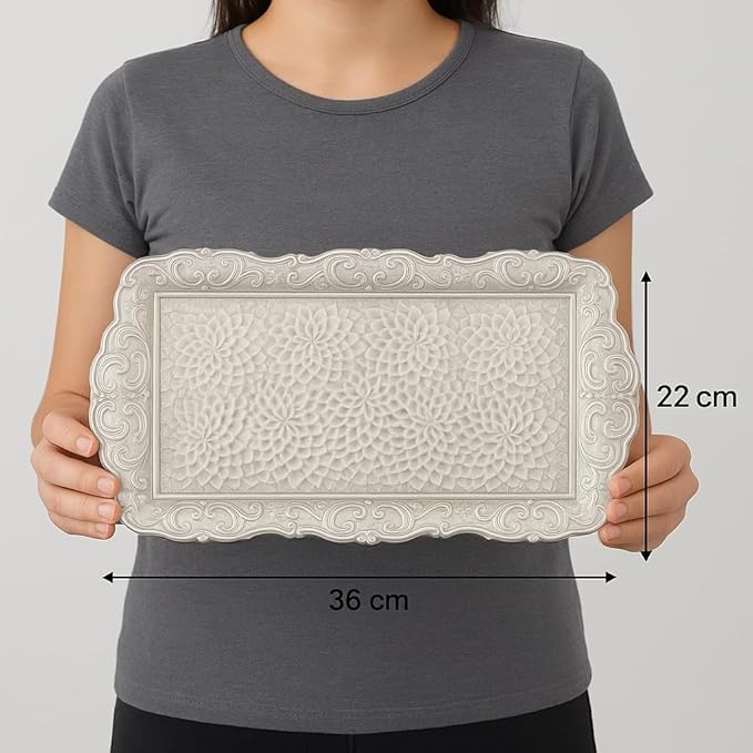 Alisveristime Small Ornate Metal Serving Tray – Ottoman Motif Decorative Tray (14.2" x 7.1", 10.8 oz) (Silver)