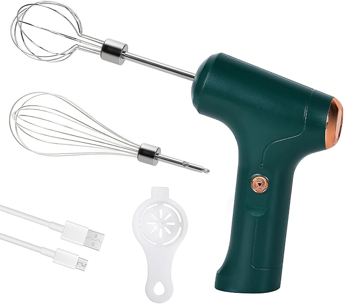 Cordless Hand Mixer, Handheld Electric Whisk with 3 Speed Modes, Hand Held Egg Beater with 2 Detachable Stir Whisks (Green)