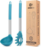 Silicone Pasta Fork and Ladle Spoon Set, Large Non Stick Kitchen Utensils for Cooking,Stirring,Serving Spaghetti, Soup, Sauce (BLUE)