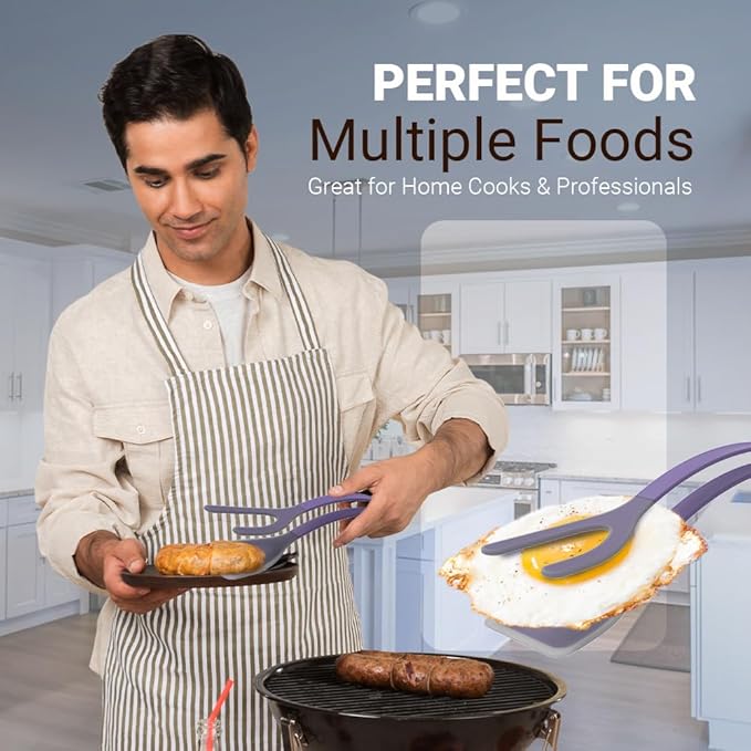 Silicone Egg Flipper Spatula Tongs (Set of 1) – Non-Stick 2-in-1 Grip & Flip Kitchen Tongs for Pancakes, Fish, Eggs, and More – Heat Resistant Cooking Tool (Black) (Purple)
