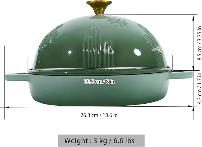 Cast Iron Bread Oven With Cloche Lid for Baking - Green Enameled Dutch Oven With Dome Lid for Sourdough - 2.6 qt