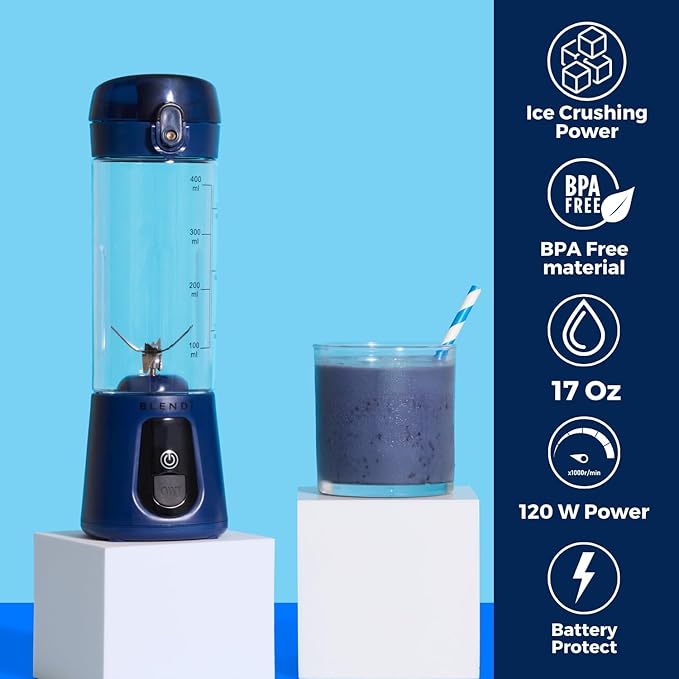 BLENDi Pro+ Portable Blender (17.5oz, Navy Blue) – Powerful Ice Crushing 120W Motor, USB-C Rechargeable, Cordless Personal Blender Smoothies & Shakes – BPA-Free, Self-Cleaning, Travel-Friendly