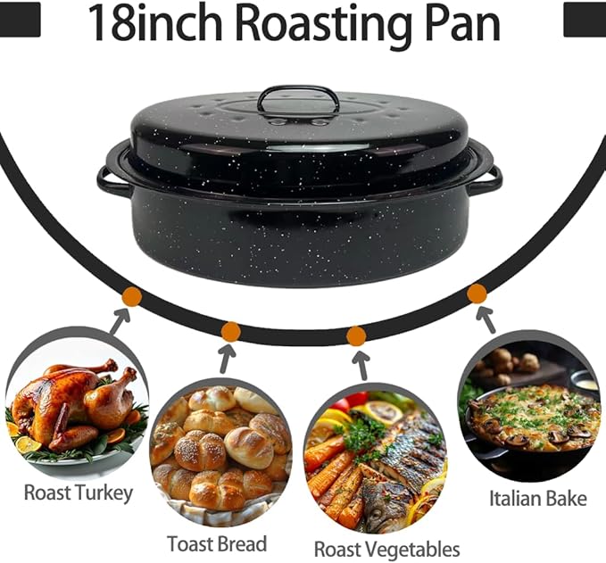 Turkey Roaster Pan 18in Roasting Pan With Lid Enamel Carbon Steel Roaster Pot with 16in Inner Diameter,18 Pound Large Capacity High Temperature Resistance Oval Cookware
