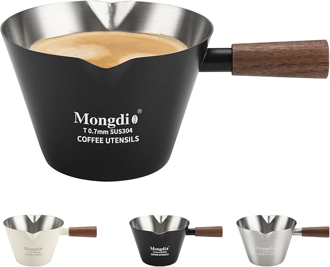Mongdio Espresso Measuring Cup, Stainless Steel Espresso Shot Cups with Wooden Handle and Double Spouts, 6.8OZ/200ML, Black
