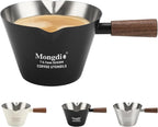 Mongdio Espresso Measuring Cup, Stainless Steel Espresso Shot Cups with Wooden Handle and Double Spouts, 6.8OZ/200ML, Black