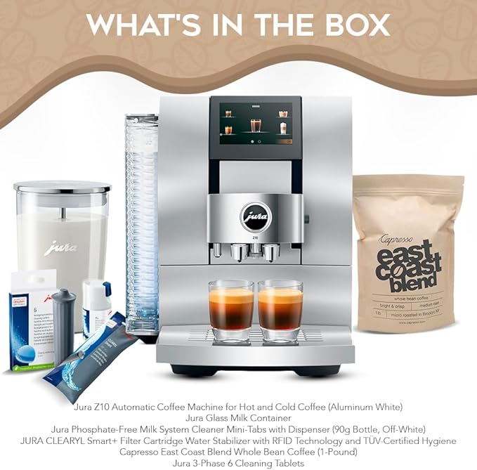 Jura Z10 Coffee Machine Aluminum White Bundle with Filter Cartridge Water Stabilizer, Milk System Cleaner Mini-Tabs, Cleaning Tablets, Milk Containers, and Blend Whole Bean Coffee (6 Items)