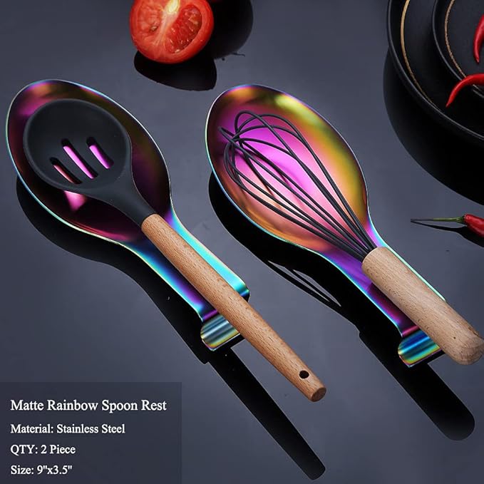 Matte Rainbow Spoon Rest, Stainless Steel Holder for Stove Top, Kitchen Utensils, Ladles, Tongs, Spatula, Pot Lid - Dishwasher Safe (2PC-9.5 Inch)