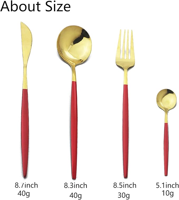 JASHII Flatware Serving Set 24 Piece, Stainless Steel Silverware Set, Red Gold Cutlery Set, Modern Elegant Tableware Set for Party, Christmas, Dinner (Red Gold)