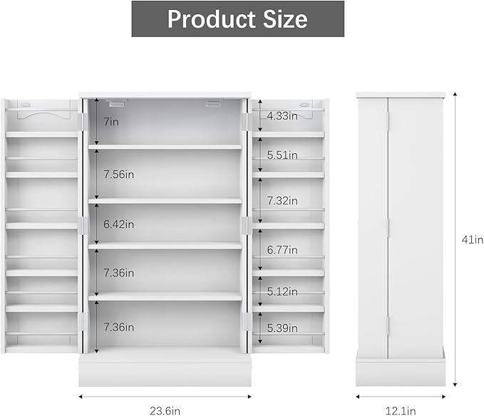 41" Pantry Cabinet with Doors and Adjustable Shelves, White Freestanding Kitchen Storage Cabinet for Snacks and Food, Small Space Pantry Closet