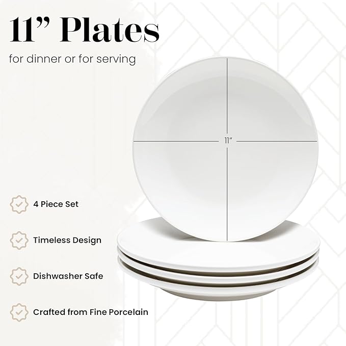 Vikko Dinner Plate, Set of 4 White Plates, Ceramic Dinner Plates Set, Stackable 11 Inch Extra Large Dinner Plates for Every Day and Special Occasion, Restaurant Style, Dishwasher Safe, Microwave Safe