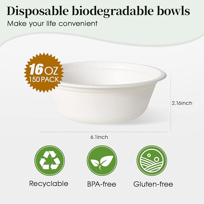 ECOLipak 16 oz Paper Bowls, [150-Pack] Compostable Paper Bowls Bulk, Heavy-duty Disposable Bowls for Hot And Cold Food