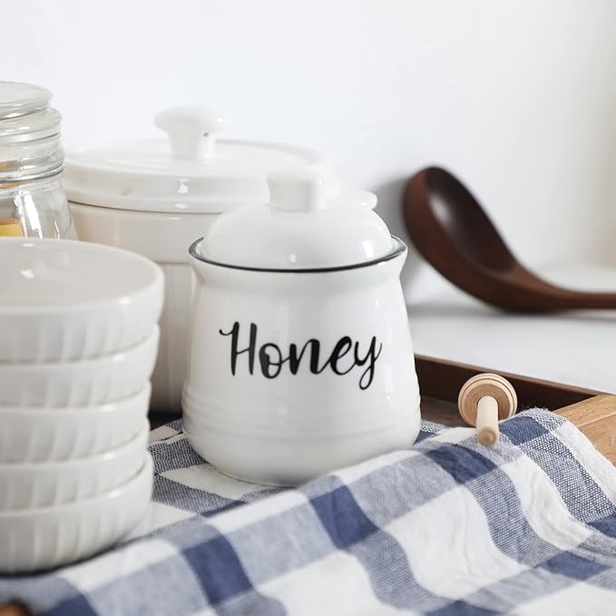 HAOTOP Farmhouse Porcelain Honey Jar with Dipper and Lid Set 12oz,Easy to Clean (White)