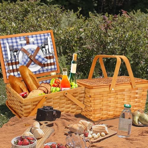 Picnic Basket Set for 4 Persons, Woven Woodchip Basket with Folding Handles & Lid, Blue and White Gingham Lining Basket Set with Utensils Cutlery - Perfect for Picnic, Camping, Valentine Day, Outdoor