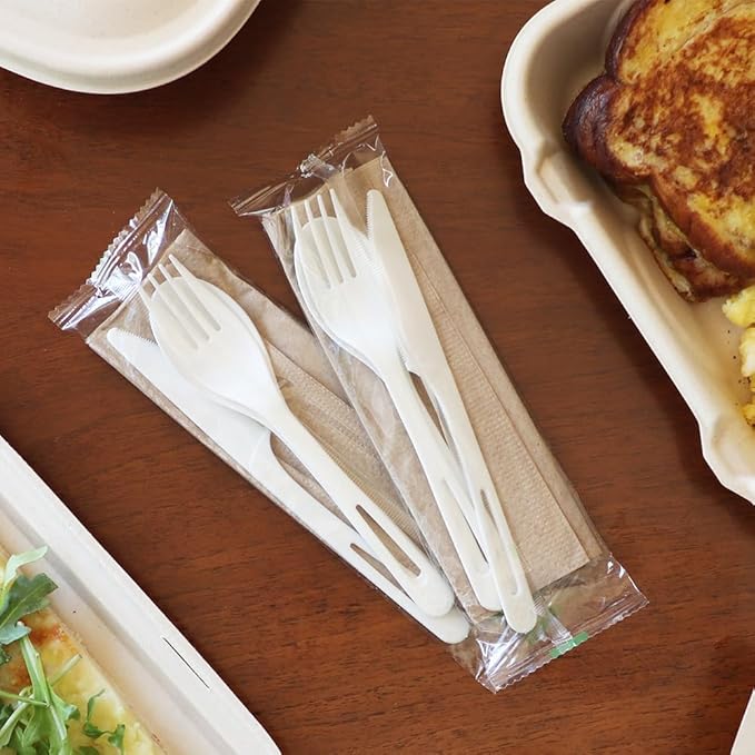 World Centric Compostable Cutlery with Napkin 6" - White TPLA, Assorted and Wrapped - 250 Pack