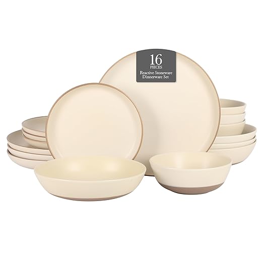 Gibson Elite Laguna Bliss 16 Piece Stoneware Reactive Glaze (Service for 4) Ceramic Plates and Bowls Dinnerware Set - Matte Cream White W/Terracotta Bottom