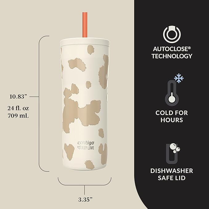 Contigo x Ally Love Stainless Steel Vacuum-Insulated Tumbler w/Straw, Autoclose Tech, Easy Clean Lid, Leak-proof Drinking, Keeps Drinks Cold 20hours, BPA Free, 24oz., Streeterville 2.0, Oatmilk