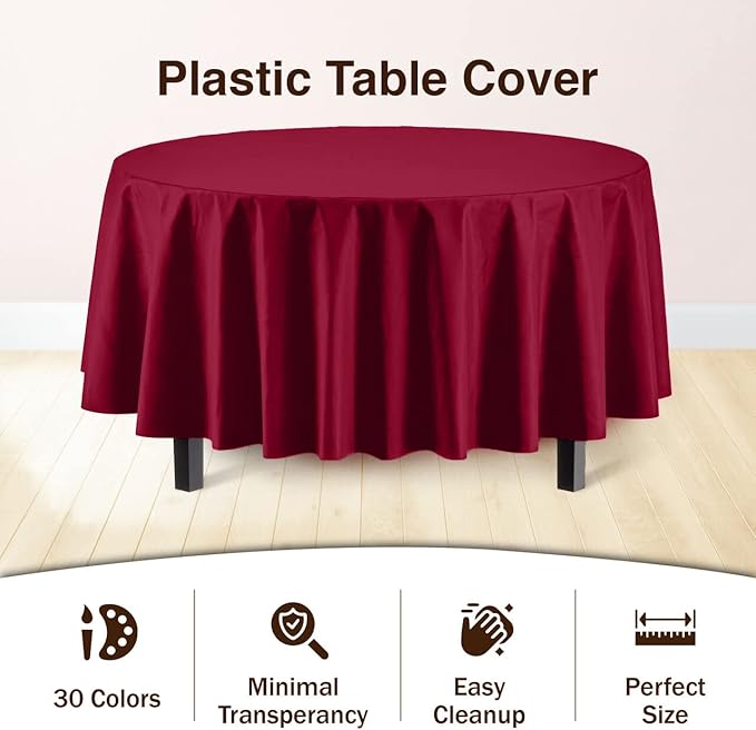 Party Solids 12-Pack Premium Plastic 84-Inch Round Tablecloth, Burgundy