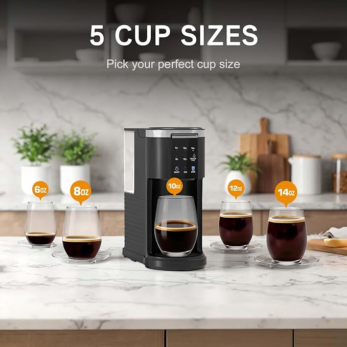 Kndko Single Serve Coffee Maker for Capsule and Ground Coffee, 6 to 14oz Brew Sizes, 40oz Removable Reservoir, Fast Brew, Compact Design, Travel Mug Friendly, Black