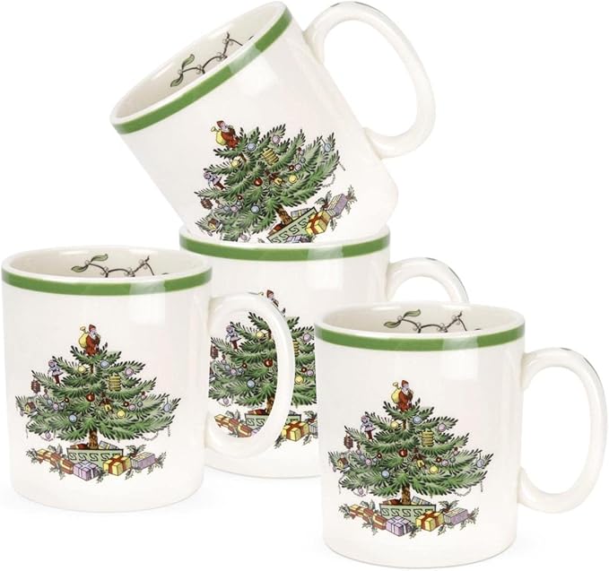Spode Christmas Tree Mug Set of 4-9oz Ceramic - Microwave, Oven, Freezer & Dishwasher Safe - Festive Holiday Coffee Tea Cup for Hot Cocoa, Mulled Wine, Drinkware