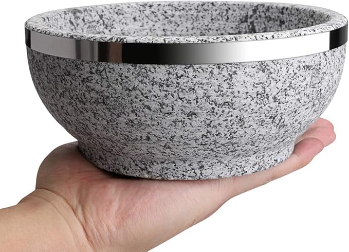 MDLUU Dolsot Bibimbap Bowl 32 Oz, Granite Stone Bowl with Wood Base, Dolsot Pot for Korean Soup, Rice and Stew