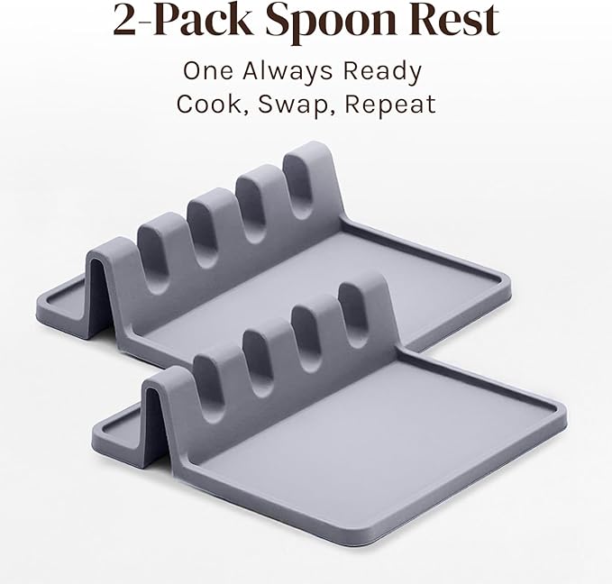 Silicone Spoon Rest for Stove Top with Drip Pad (2 Pack) - Heat Resistant BPA Free Utensil Rest & Kitchen Spoon Holder for Kitchen Counter - Grill And Countertop - Spatula Holder, Tongs, Ladle - Grey