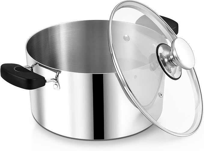 8 Quart 3-Ply Cooking Stock Pot with Lid, P&P CHEF Stainless Steel Large Pot for Pasta Soup, Work on Multi Stove, Heavy Duty & Dishwasher Safe, Dual Heat-resistant Handles & Visible Lid