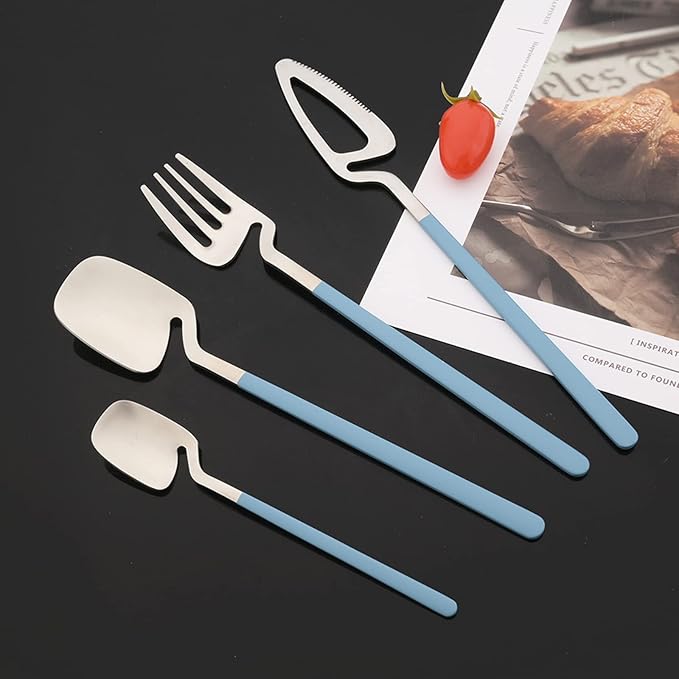 JASHII Flatware Set 32-piece Silverware Set Matte Finished Cutlery Set Service for 8 Include Knife/Fork/Spoon/Coffee spoon Dishwasher Safe (Blue Silver)