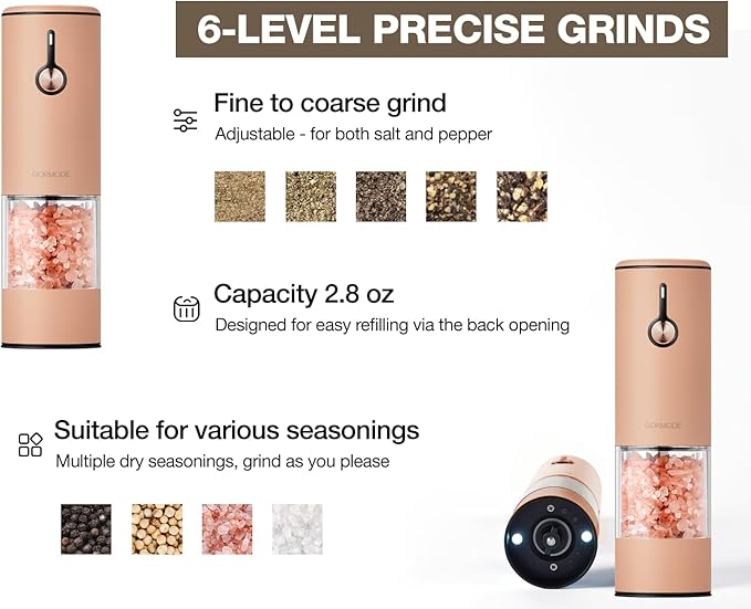 Electric Pepper Grinder and Salt Mill Set - Large Capacity USB Rechargeable Automatic Grinder with Dual LED Lights, One-Handed Operation & Slide Cover - Brushed Stainless Steel