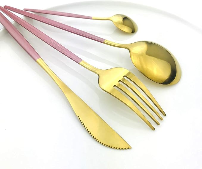 36-Pieces Silverware Mirror Polished Dinnerware Gold Flatware With Pink Handle, 18/0 Stainless Steel Cutlery Set For Home Kitchen Party Hotel Restaurant Wedding Service for 6