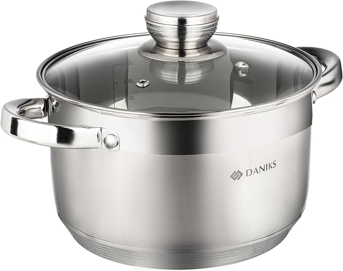 Daniks Standard Stainless Steel Stock Pot with Glass Lid – Induction 4 Quart, Dishwasher Safe, Measuring Scale, For Soup, Pasta, Stew, Silver
