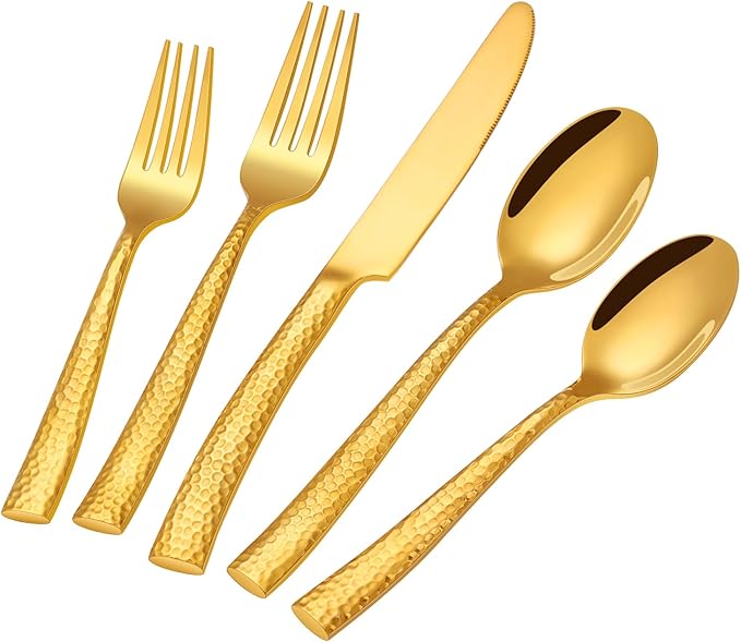 Gold Silverware Set, Ollex 20-Piece Hammered Flatware Cutlery Set for 4, Mirror Polished Stainless Steel Kitchen Utensils included Gold Knives Spoons and Forks Set, Dishwasher Safe