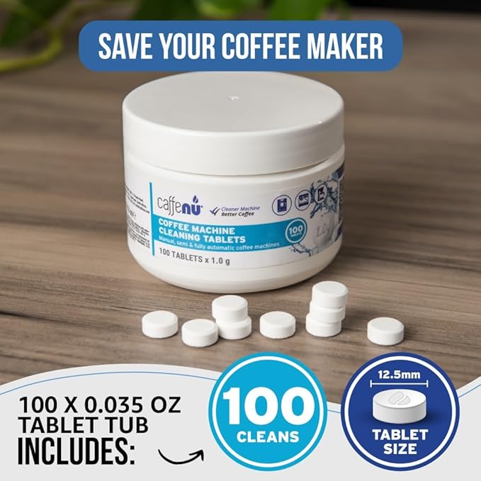 Espresso Cleaning Tablets. 100 x 0.035 oz Coffee Cleaner Tablets. Machine Cleaning Tablets used every 100 cups. Automatic, Superautomatic & Bean to Cup. Use with Descaling